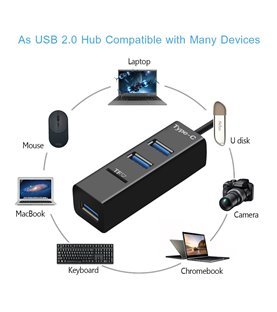 HUB USB Tipo-C Com 3 Portas USB 2.0 e Leitor de Cartões Micro SD - Preto - Goeik