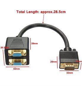 Cabo Adaptador VGA Splitter: 1 VGA Macho para 2 VGA Fêmea - Preto - Goeik