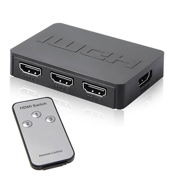 Comutador Switch HUB HDMI de 3 Portas, com Controlo Remoto e Amplificação de Sinal - Preto - Goeik