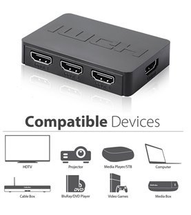 Comutador Switch HUB HDMI de 3 Portas, com Controlo Remoto e Amplificação de Sinal - Preto - Goeik