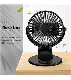 Ventoinha Giratória 360º, Funcionamento por USB e por Bateria Recarregável, com Base para Mesa e Mola de Fixação - Preta - Goeik