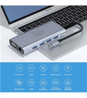 HUB Docking Station Tipo-C, 11 em 1, para USB, HDMI, VGA, RJ45, Leitor de Cartões SD e Micro SD, Jack 3.5mm e Tipo-C PD – Goeik
