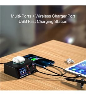 Estação de Carregamento Multifunções, com Porta Wireless, 6 Portas USB, 1 Porta USB QC 3.0 e 1 Porta Tipo-C PD 20W – Goeik