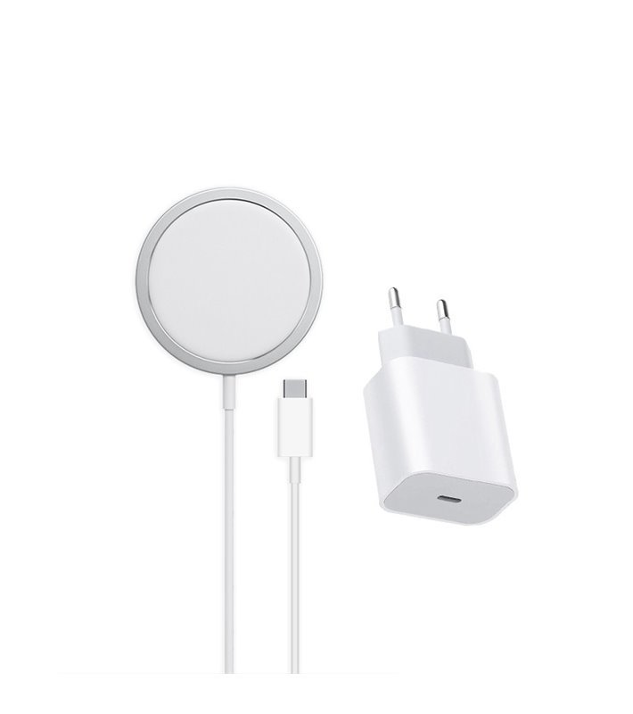 Carregador Wireless MagSafe com Adaptador de Corrente Tipo-C, de 20W, compatível com Apple – Branco – Goeik