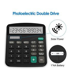 Calculadora de Escritório com Energia Solar ou Pilha AA, de 12bits – Preto – Goeik