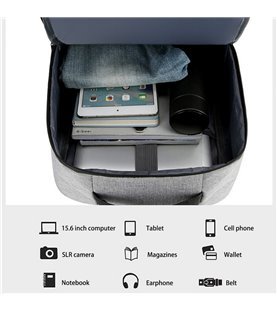 Mochila Multifunções 15.6'', Impermeável, com Ranhura para cabo USB para Carregamento - Cinza - Goeik
