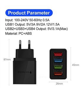 Carregador de Parede com 4* USB 3.1A Quick Charge 3.0  - Preto - Goeik