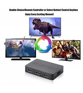 Comutador Switch HUB HDMI de 3 Portas, com Controlo Remoto e Amplificação de Sinal - Preto - Goeik