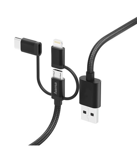 Cabo Adaptador de 0.2 metros, USB para Micro USB, com Adaptador Lighting e Tipo-C - Hama