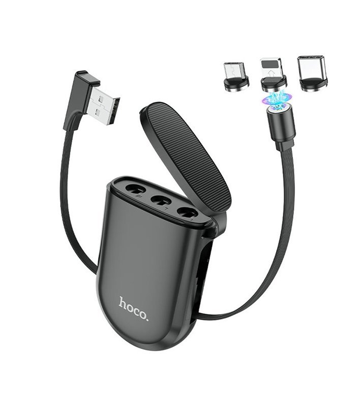 Estojo com Cabo de Carregamento USB, com Ponta Magnética Tipo-C, Micro USB e Lightning, Hoco S50 3-in-1 - Preto