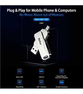 Pen Drive 16GB USB 3.0 + Micro USB 2.0, U381 - Netac