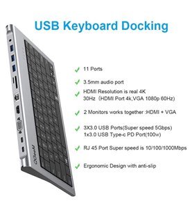 HUB Docking Station 11 em 1 com Teclado, HDMI, VGA, USB, RJ45 e Jack 3.5mm - QGeeM