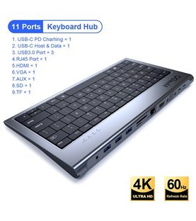 HUB Docking Station 11 em 1 com Teclado, HDMI, VGA, USB, RJ45 e Jack 3.5mm - QGeeM