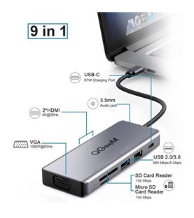HUB Docking Station Tipo-C 9 em 1 Para USB, Tipo-C, HDMI, Leitor de Cartões, VGA, Jack 3.5mm - QGeeM