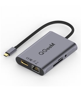 HUB Docking Station Tipo-C 8 em 1 Para USB, HDMI, RJ45, Leitor de Cartões SD / Micro SD, PD e Jack 3.5mm - QGeeM
