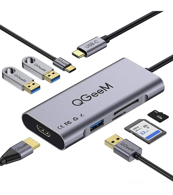 HUB Docking Station Tipo-C 7 em 1 Para USB, HDMI, PD e Leitor de Cartões SD / Micro SD - QGeeM