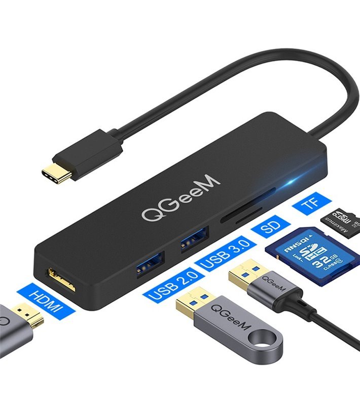 HUB Docking Station Tipo-C 5 em 1 Para USB, HDMI e Leitor de Cartões SD / Micro SD - QGeeM