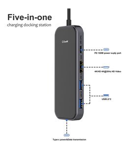 HUB Docking Station Tipo-C 5 em 1 Para Tipo-C, USB, HDMI e Porta de Carregamento PD - QGeeM