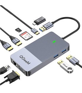 HUB Docking Station USB 3.0, 9 em 1 Para USB 3.0, Tipo-C, HDMI, VGA, RJ45 e Leitor de Cartões SD / Micro SD - QGeeM