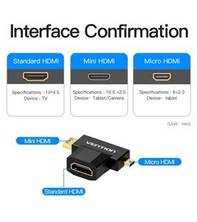 Adaptador Mini HDMI + Micro HDMI para HDMI Fêmea - Preto