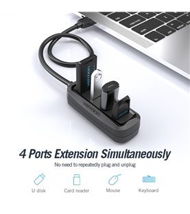 HUB USB de 4 portas USB 2.0, 1 metro - Preto - Vention