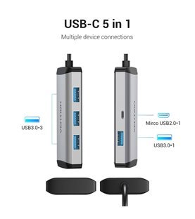 HUB Tipo-C com 3 entradas USB3.0 e 1  entrada  Micro USB de 0.15 metros - Cinzento Metalizado