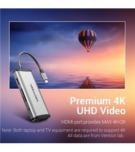 HUB Docking Station Multifunções Tipo-C para HDMI, USB 3.0, TF, SD, RJ45, Jack 3.5mm e PD de 0,15 metros - Cinzento - Vention