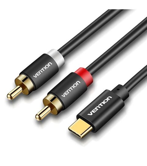 Cabo Adaptador Tipo-C para Cabo Áudio 2RCA Macho de 0,5m - Preto Metalizado - Vention