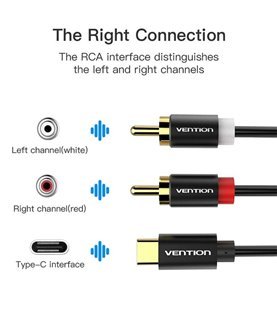 Cabo Adaptador Tipo-C para Cabo Áudio 2RCA Macho de 0,5m - Preto Metalizado - Vention