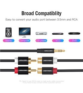 Cabo de Áudio Jack 3.5mm Stéreo Macho para 2 RCA Fêmea de 0,3 metros - Preto Metalizado - Vention