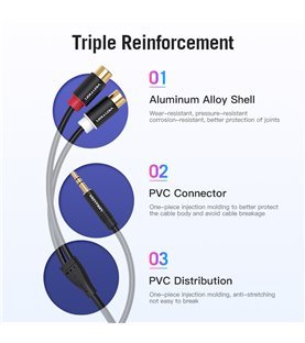 Cabo de Áudio Jack 3.5mm Stéreo Macho para 2 RCA Fêmea de 0,3 metros - Preto Metalizado - Vention