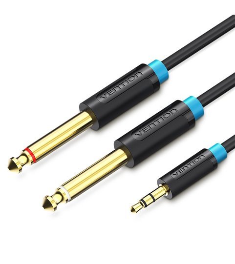 Cabo de 0.5 metros Jack 3.5mm Stéreo para 2* Jack 6.5mm Macho Mono - Preto - Vention