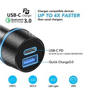 Carregador de Isqueiro de 36W com Carregamento Rápido, 1* Porta USB + 1* Porta Tipo-C - QGeeM