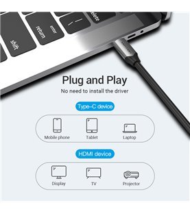 Cabo Adaptador Tipo-C para HDMI, com Fonte de Alimentação USB, de 2 metros - Preto Metalizado - Vention