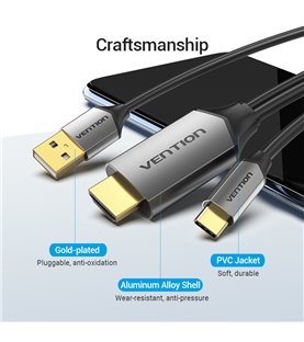 Cabo Adaptador Tipo-C para HDMI, com Fonte de Alimentação USB, de 2 metros - Preto Metalizado - Vention