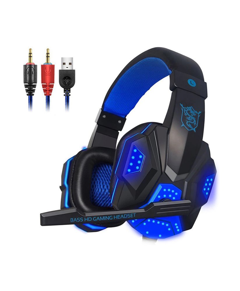 Headset para Gaming, com USB e 2 Jack 3.5mm para Fones e Microfone – Preto e Azul – Goeik