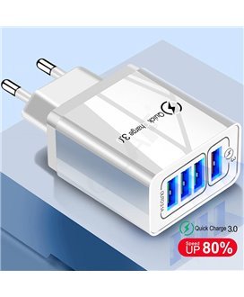 Carregador USB Carregamento Rápido Qualcomm 3.0 com 4 Portas USB para telemóvel Android ou iPhone Preto - Goeik