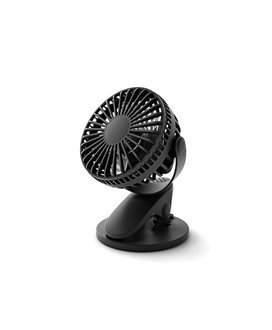 Ventoinha Giratória 360º, Funcionamento por USB e por Bateria Recarregável, com Base para Mesa e Mola de Fixação - Preta - Goeik