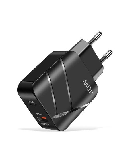 Carregador de Parede com 1* Tipo-C PD e 1* USB QC 3.0, de 40W - Preto - Goeik