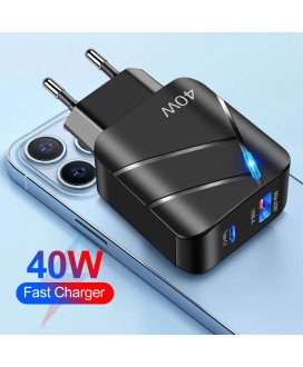 Carregador de Parede com 1* Tipo-C PD e 1* USB QC 3.0, de 40W - Preto - Goeik